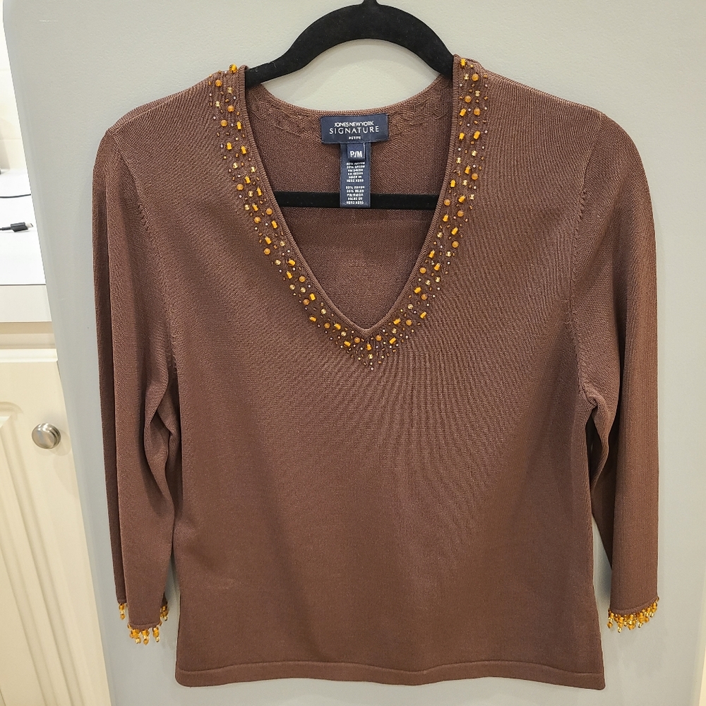 Jones New York Signature Women's Beaded V-Neck Sweater